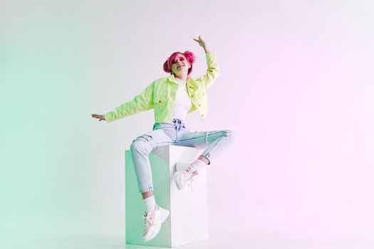 hipster woman green jacket fashionable clothes Acid style design. High quality photo