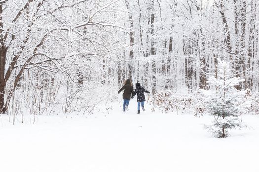 A young and beautiful couple is having fun in the park, running and holding hands. Valentine's Day and love story concept. Winter season.