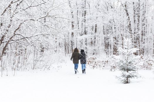 A young and beautiful couple is having fun in the park, running and holding hands. Valentine's Day and love story concept. Winter season.