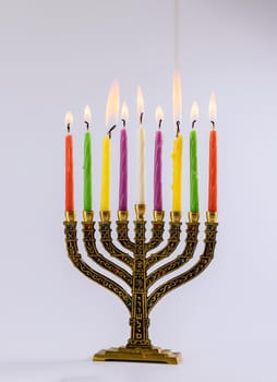 Jewish holiday hanukkah symbols of menorah with copy space white background