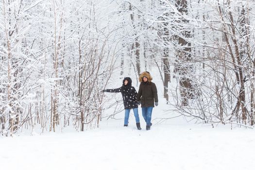 Young couple walking in a snowy park. Winter season