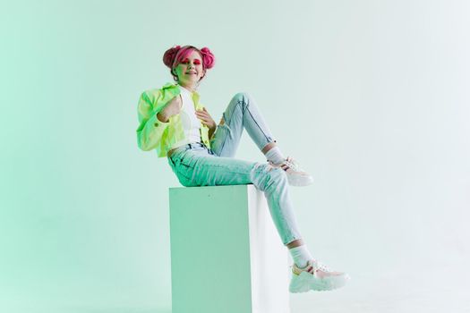 pretty woman bright makeup posing poster stylish clothing Acid style design. High quality photo