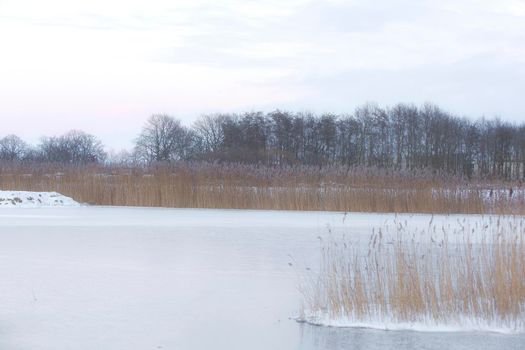 Beautiful winter landscape at sunset with fog and snow covering farmland and river in the Netherlands beautiful colors in nature winter