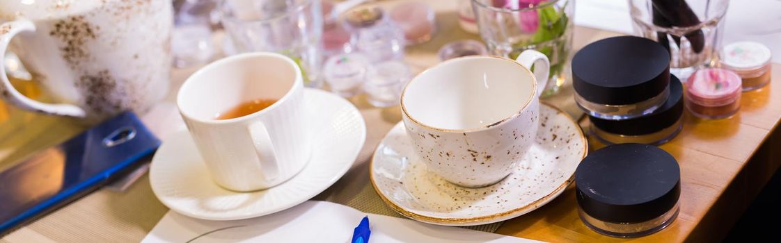 Two tea cup on table. Breakfast and Five O'Clock