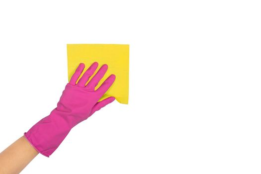 Yellow Microfiber cloth for washing dishes in female hand. Hand in a latex glove holding microfiber cloth isolated on white. Woman's hand gesture or sign isolated on white.