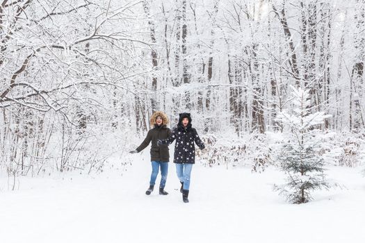 A young and beautiful couple is having fun in the park, running and holding hands. Valentine's Day and love story concept. Winter season.