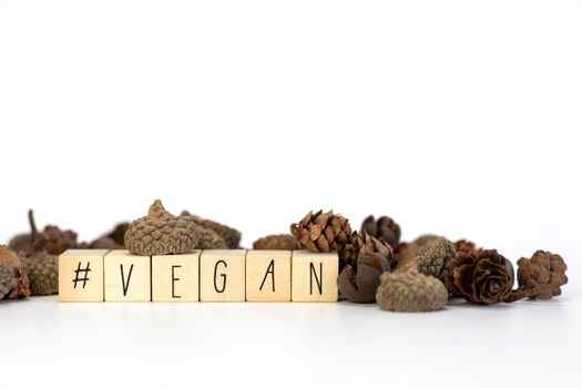 Vegan and hashtag written with wooden cubes and nature decoration isolated on white background with copy space, vegan,vegetarian,health concept background modern design natural style close up