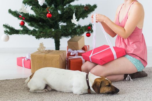 Happy woman with dog opening Christmas gifts. Christmas tree with presents under it. Decorated living room.