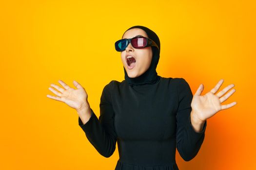 pretty woman watching movies 3D glasses fun ethnicity model. High quality photo