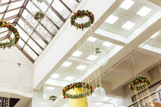 Abstract background of Christmas decor in the mall, airport or station room.