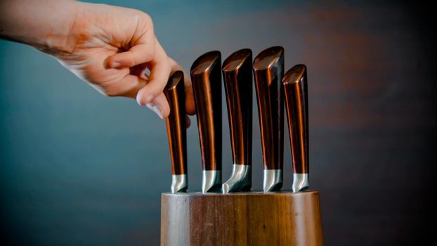 Five knives in the wooden knife holder. Mid shot
