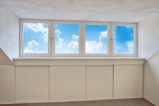 Fresh white modern dormer window with blue sky and white clouds view, New dormer, roof window in empty new house closeup