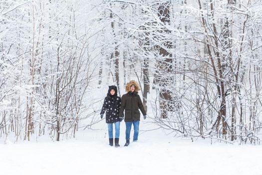 Young couple walking in a snowy park. Winter season