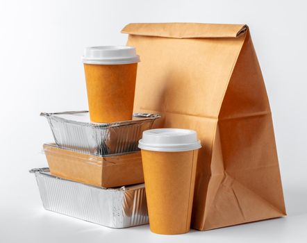 Set of recyclable food packaging on white background close up
