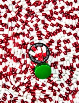 Capsule pills medication,Vitamin,antibiotic pharmaceutical background top view, colorful white and red,Business,Health,industrial concept tablets