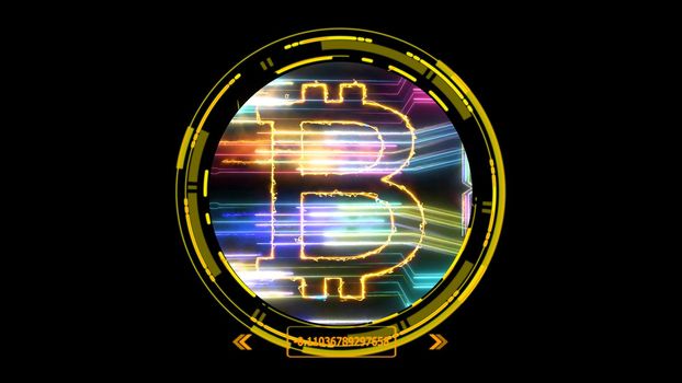 bitcoin cryptocurrency and futuristic rainbow digital laser transfer on black isolated background