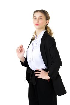 Stylish, model girl, student, in a strict black suit. Portrait of attractive emotional young business woman in black jacket and white blouse looking at camera while standing against isolated white background