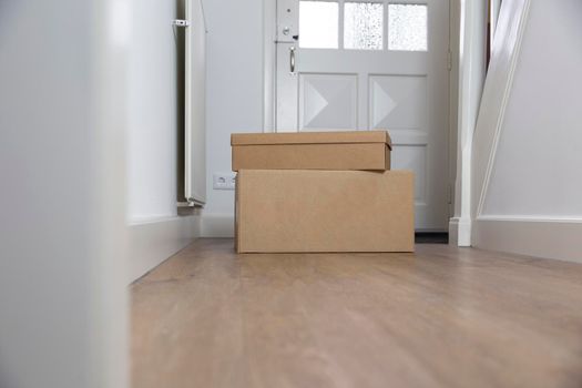 Stack of Cardboard boxes blank in the Hallway of new home on the floor. Moving, storage or delivery concept. Copy space space for text