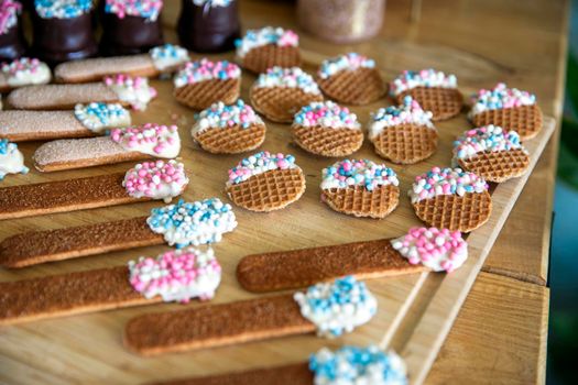 Colorful candies and cookies with baby and newborn symbol pink and blue for Gender reveal. Boy or girl, party and food concept closeup