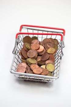 Iron shopping basket filled with euro coins isolated on white background, business and financial concept