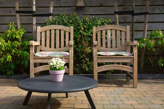 Cozy seating area in the garden of a modern home in the spring, wooden seats with colorful flowers in flower pot. backyard design on a sunny day close up