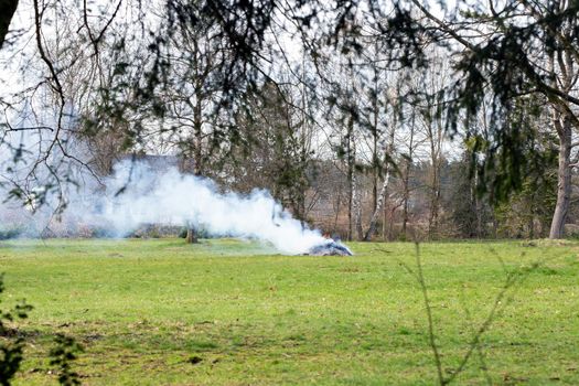 Burning pile of dry branches with big smoke in green field outside, burns green wasted farming concept environment landscape nature background