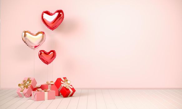 Interior in beige tones with gifts and heart-shaped balloons. Valentine's day. 3D rendering illustration.