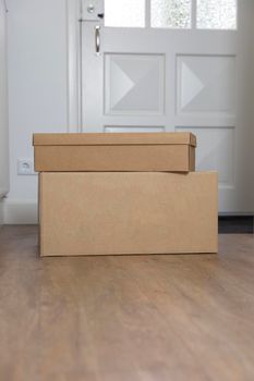 Stack of Cardboard boxes blank in the Hallway of new home on the floor. Moving, storage or delivery concept. Copy space space for text