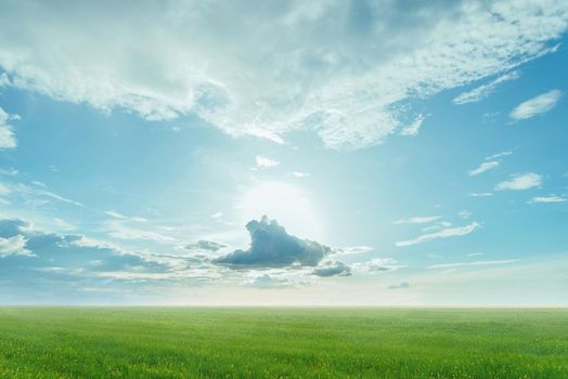 Beautiful landscape of green meadow and blue sky with clouds at sunny day