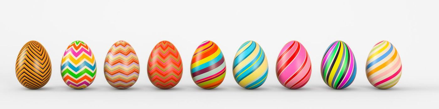 Set of realistic eggs on white background. Easter collection. 3D rendering illustration.