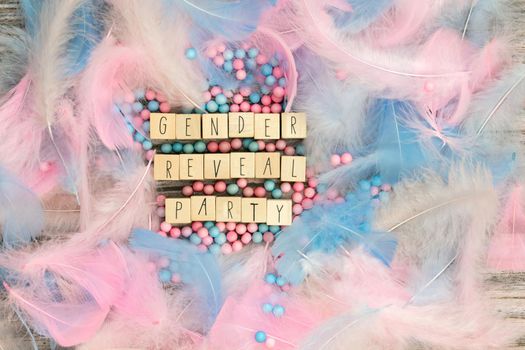 Gender reveal party written with wooden cubes surrounded with colorful bright pastel feathers for baby.boy,girl,party,greeting card or background concept top view. Copy space, retro design