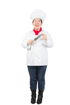 Closeup portrait of a male chef cook sharpening knife isolated on a white background