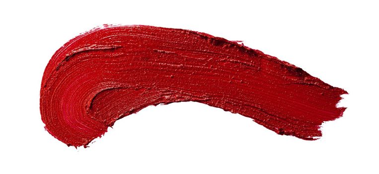 Glossy red lipstick stain swatch isolated on white background