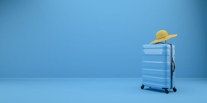 A blue traveling suitcase and a yellow hat in a blue room, 3D rendering illustration.