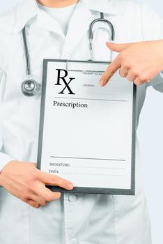 Unrecognizable man doctor pointing on clipboard with prescription paper