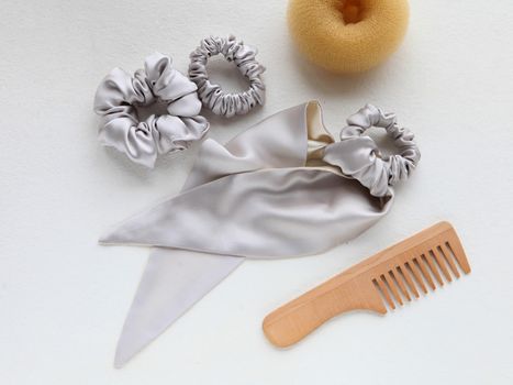wooden Hairbrush, barrette and silk silver Scrunchy isolated on white. Flat lay Hairdressing tools and accessoriesas Color Hair Scrunchies, Elastic Hair Bands, Bobble Sports Scrunchie Hairband