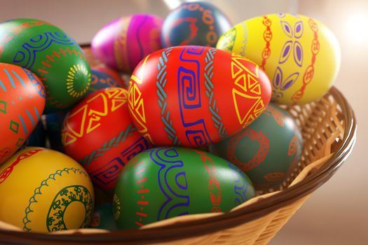 Colored easter eggs in a basket close-up on a light background. 3D rendering illustration.