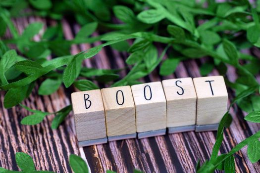 Boost text wooden cubes, your immune system text with wooden cubes and fresh organic leafs on background with wood texture, Boost for Healht concept background