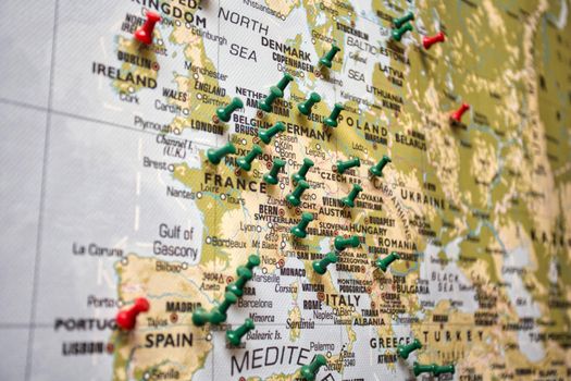 World map with different push pin on Countries where travelers have been, Travel,Topography and tourist concept background colorful