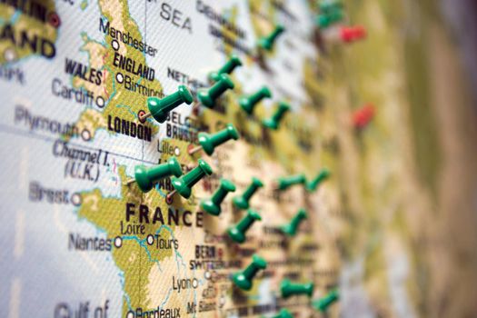 World map with different push pin on Countries where travelers have been, Travel,Topography and tourist concept background colorful