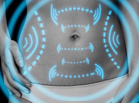 Close-up image of female belly with arrows, monochrome image. Fat loss and liposuction concept