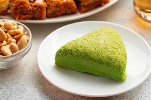 Turkish baklava dessert with honey, close up photo