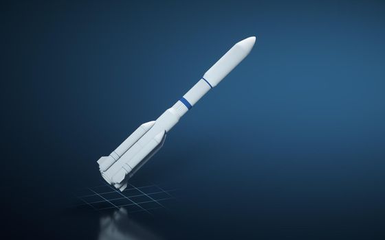Rocket with blue background, 3d rendering. Computer digital drawing.