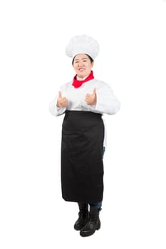 cooking, gesture and food concept - smiling female chef, cook or baker showing thumbs up