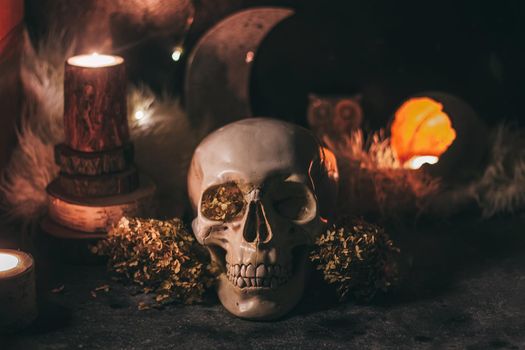 Occult mystic ritual halloween witchcraft scene - human scull, candles, dried flowers, moon and owl.