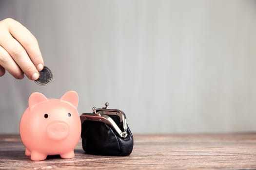 Piggy bank saving currency, person putting coin in for saving money, business, financial, savings and tax concept with copy space space for text