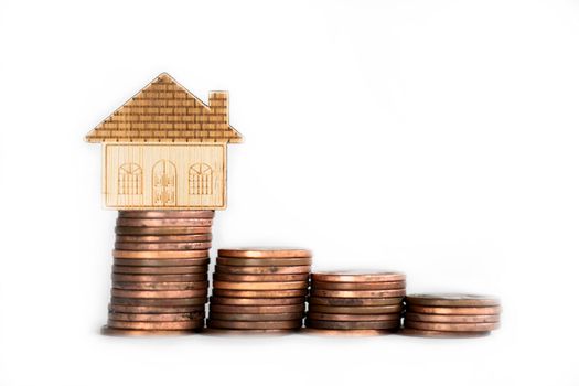 coins saving setting stairs up to house model for concept investment mortgage loan finance and business isolated on white background climbing stairs