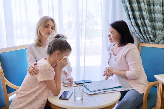 Mom and daughter preteen child at meeting with psychologist, therapist. Family problems, child psychology, children's mental health. Professional help and support