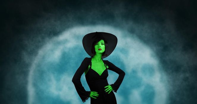 Attractive fashionable witch with green skin in black hat and dress on background of full moon. Halloween theme