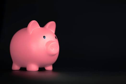 Pink Piggy bank horizontal on black background with copy space, business,savings and financial concept shadows